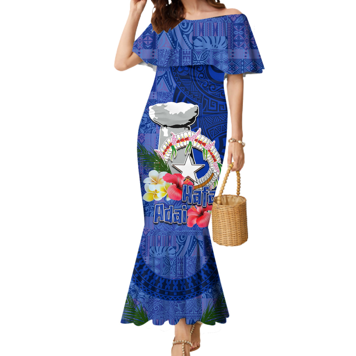 Northern Mariana Islands Hafa Adai Latte Stone Mermaid Dress Blue Color LT03 Women Blue - Polynesian Pride