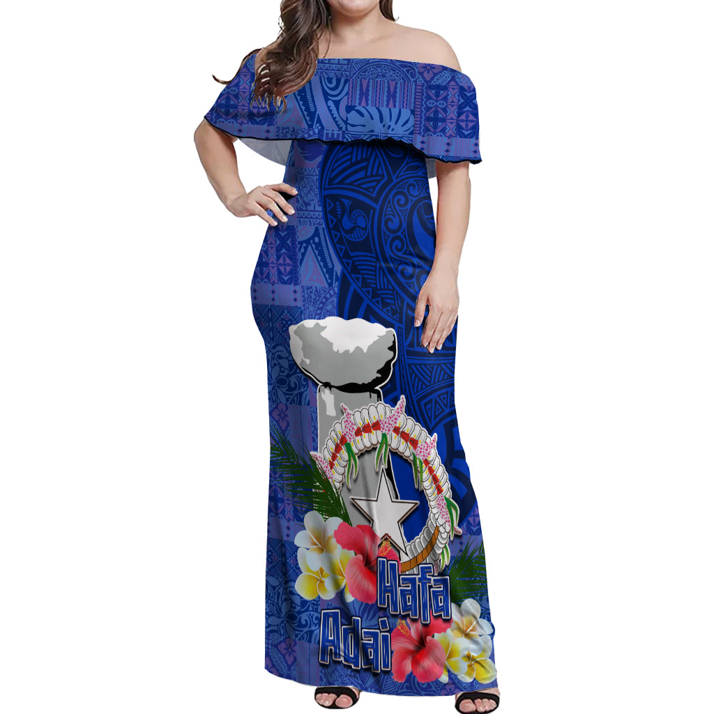 Northern Mariana Islands Hafa Adai Latte Stone Off Shoulder Maxi Dress Blue Color LT03 Women Blue - Polynesian Pride