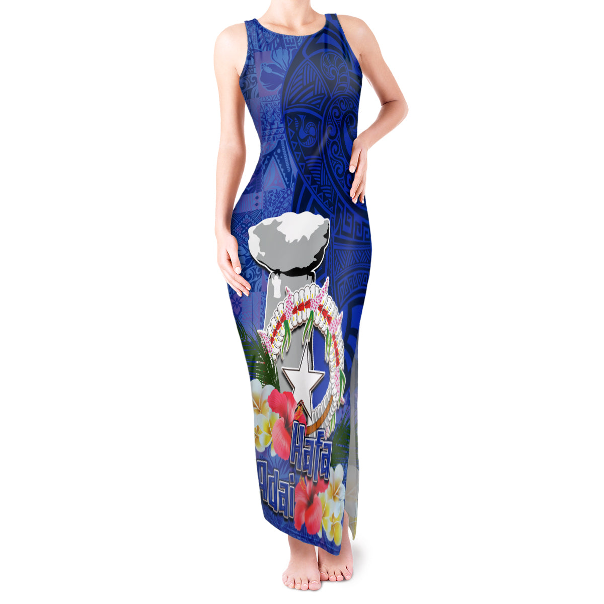 Northern Mariana Islands Hafa Adai Latte Stone Tank Maxi Dress Blue Color LT03 Women Blue - Polynesian Pride