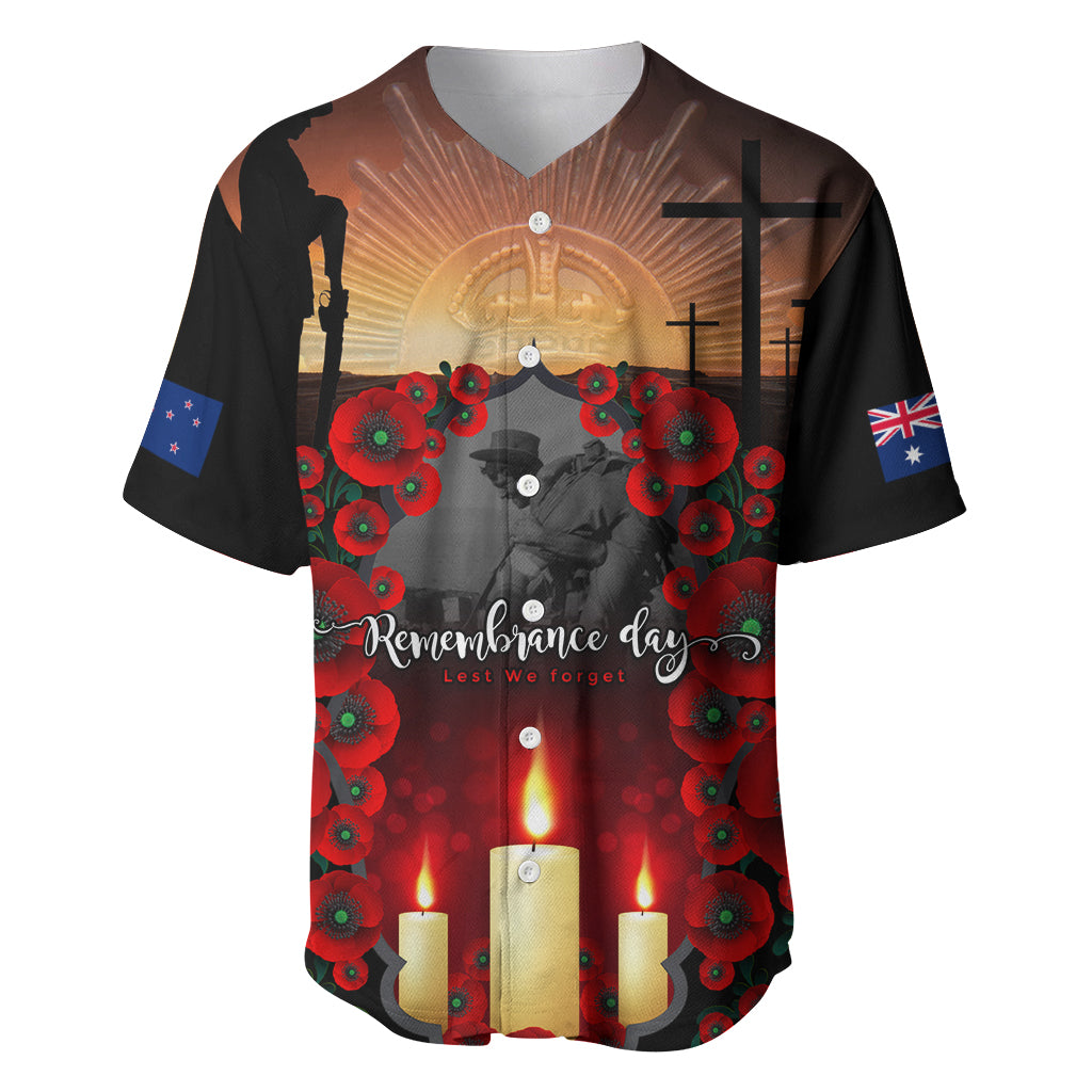 Custom New Zealand and Australia ANZAC Day Baseball Jersey Gallipoli and Canlelight Lest We Forget LT03 Black - Polynesian Pride