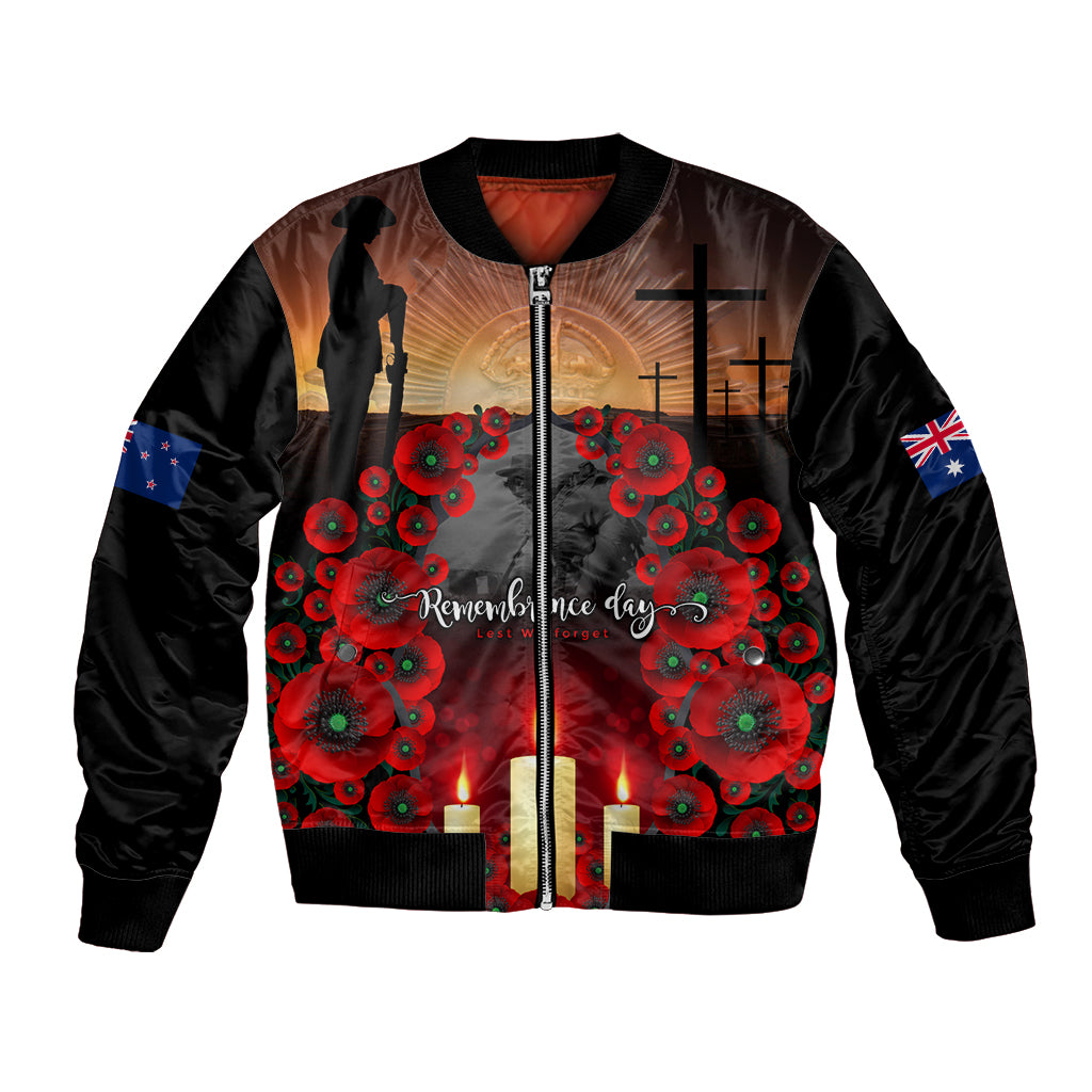 Custom New Zealand and Australia ANZAC Day Bomber Jacket Gallipoli and Canlelight Lest We Forget LT03 Unisex Black - Polynesian Pride