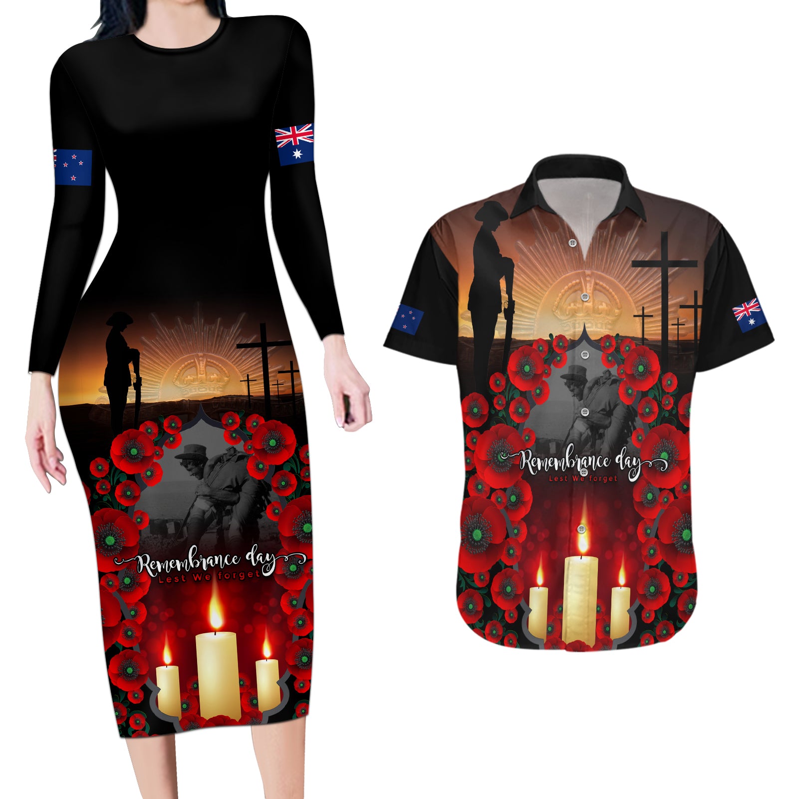 Custom New Zealand and Australia ANZAC Day Couples Matching Long Sleeve Bodycon Dress and Hawaiian Shirt Gallipoli and Canlelight Lest We Forget LT03 Black - Polynesian Pride