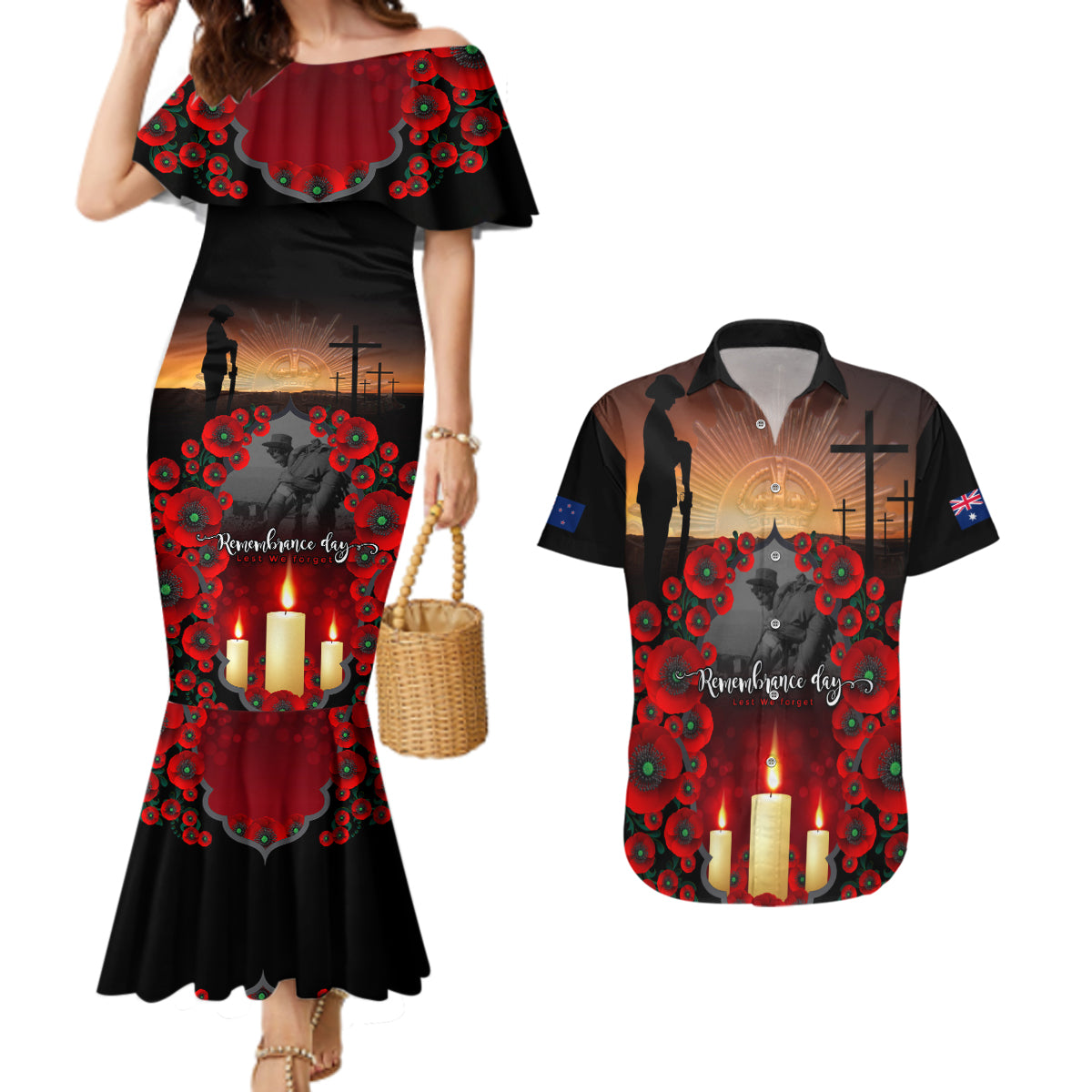 Custom New Zealand and Australia ANZAC Day Couples Matching Mermaid Dress and Hawaiian Shirt Gallipoli and Canlelight Lest We Forget LT03 Black - Polynesian Pride