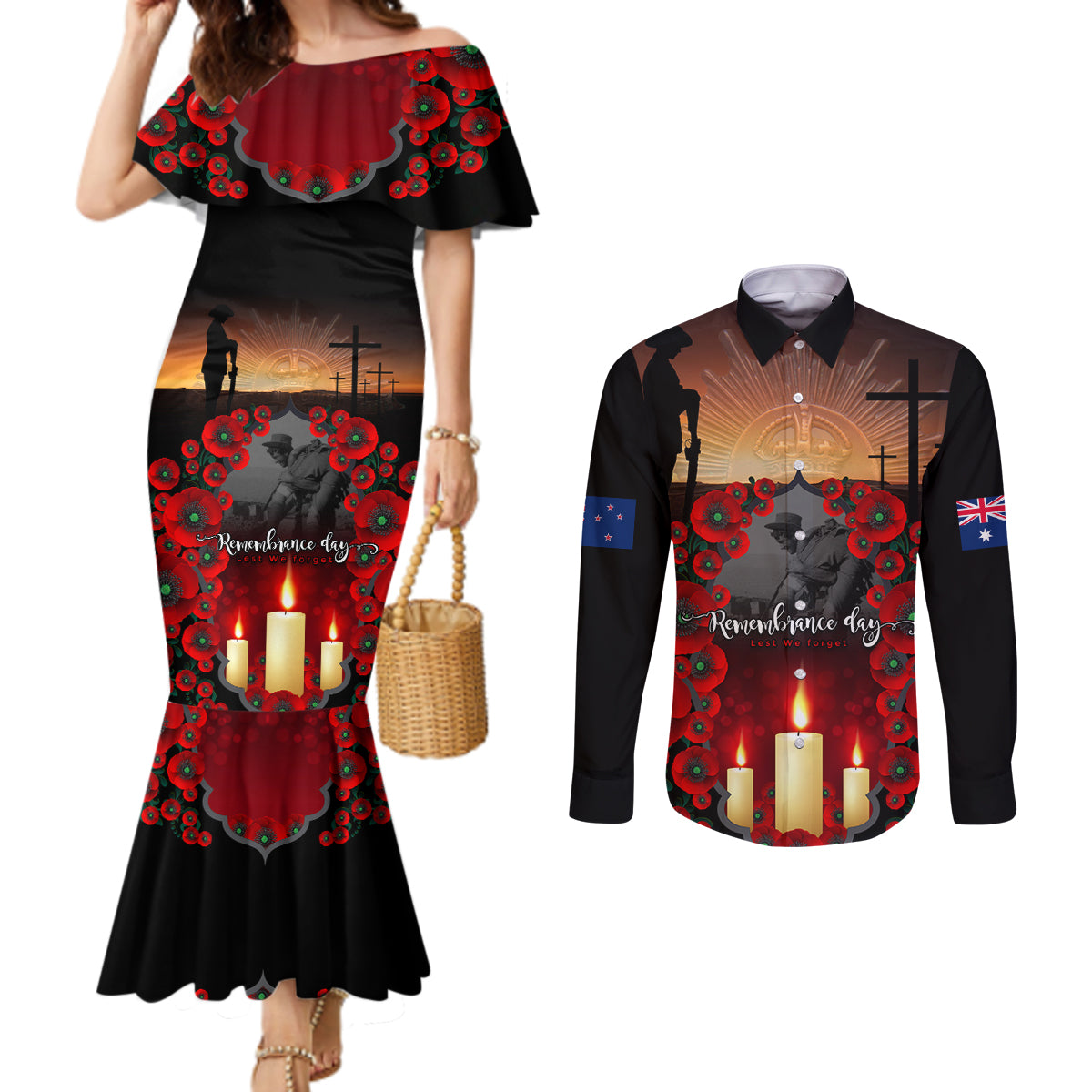 Custom New Zealand and Australia ANZAC Day Couples Matching Mermaid Dress and Long Sleeve Button Shirt Gallipoli and Canlelight Lest We Forget LT03 Black - Polynesian Pride