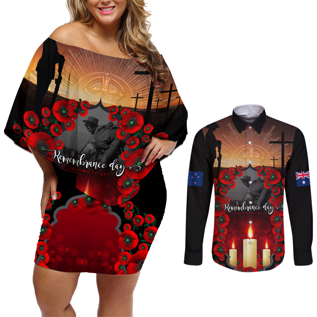 Custom New Zealand and Australia ANZAC Day Couples Matching Off Shoulder Short Dress and Long Sleeve Button Shirt Gallipoli and Canlelight Lest We Forget LT03 Black - Polynesian Pride