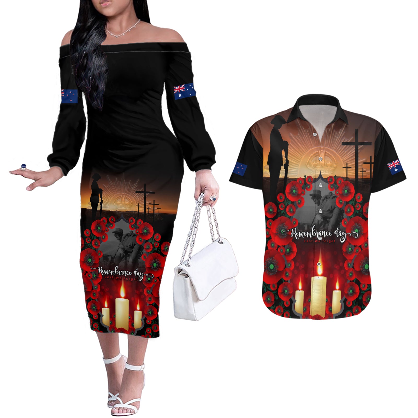 Custom New Zealand and Australia ANZAC Day Couples Matching Off The Shoulder Long Sleeve Dress and Hawaiian Shirt Gallipoli and Canlelight Lest We Forget LT03 Black - Polynesian Pride