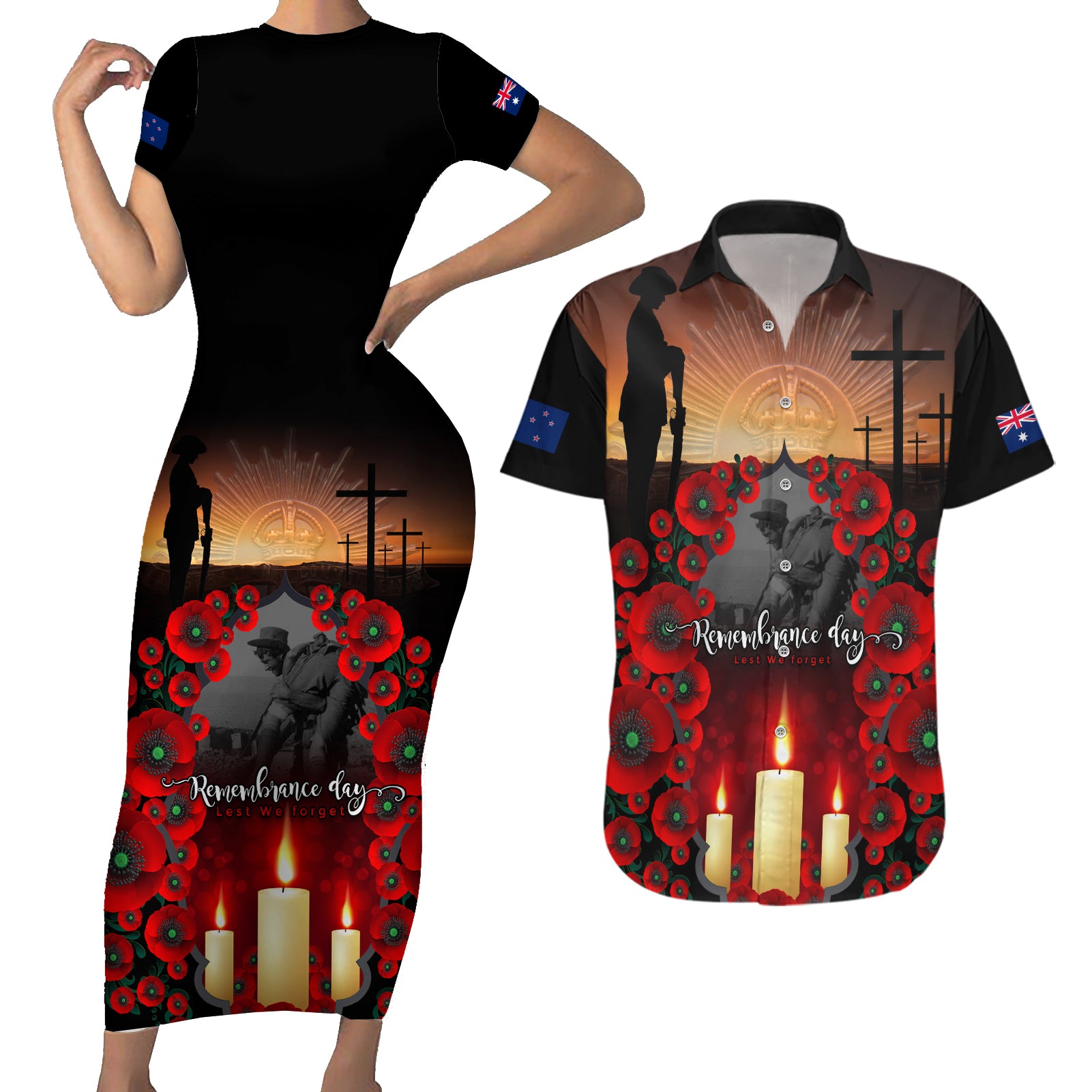 Custom New Zealand and Australia ANZAC Day Couples Matching Short Sleeve Bodycon Dress and Hawaiian Shirt Gallipoli and Canlelight Lest We Forget LT03 Black - Polynesian Pride