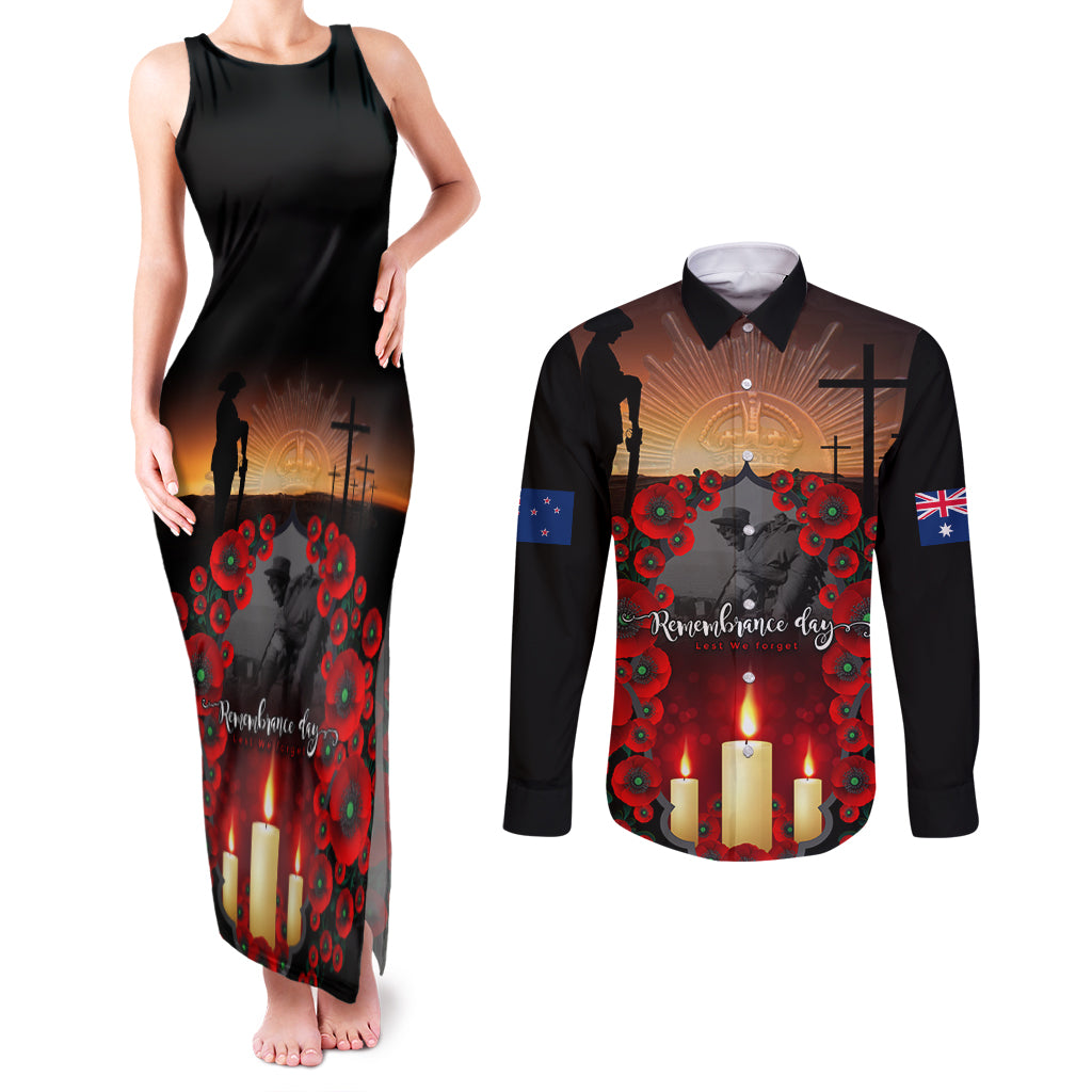 Custom New Zealand and Australia ANZAC Day Couples Matching Tank Maxi Dress and Long Sleeve Button Shirt Gallipoli and Canlelight Lest We Forget LT03 Black - Polynesian Pride