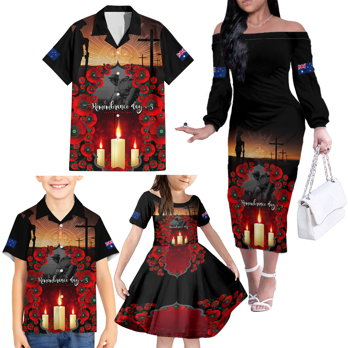 Custom New Zealand and Australia ANZAC Day Family Matching Off Shoulder Long Sleeve Dress and Hawaiian Shirt Gallipoli and Canlelight Lest We Forget LT03 - Polynesian Pride