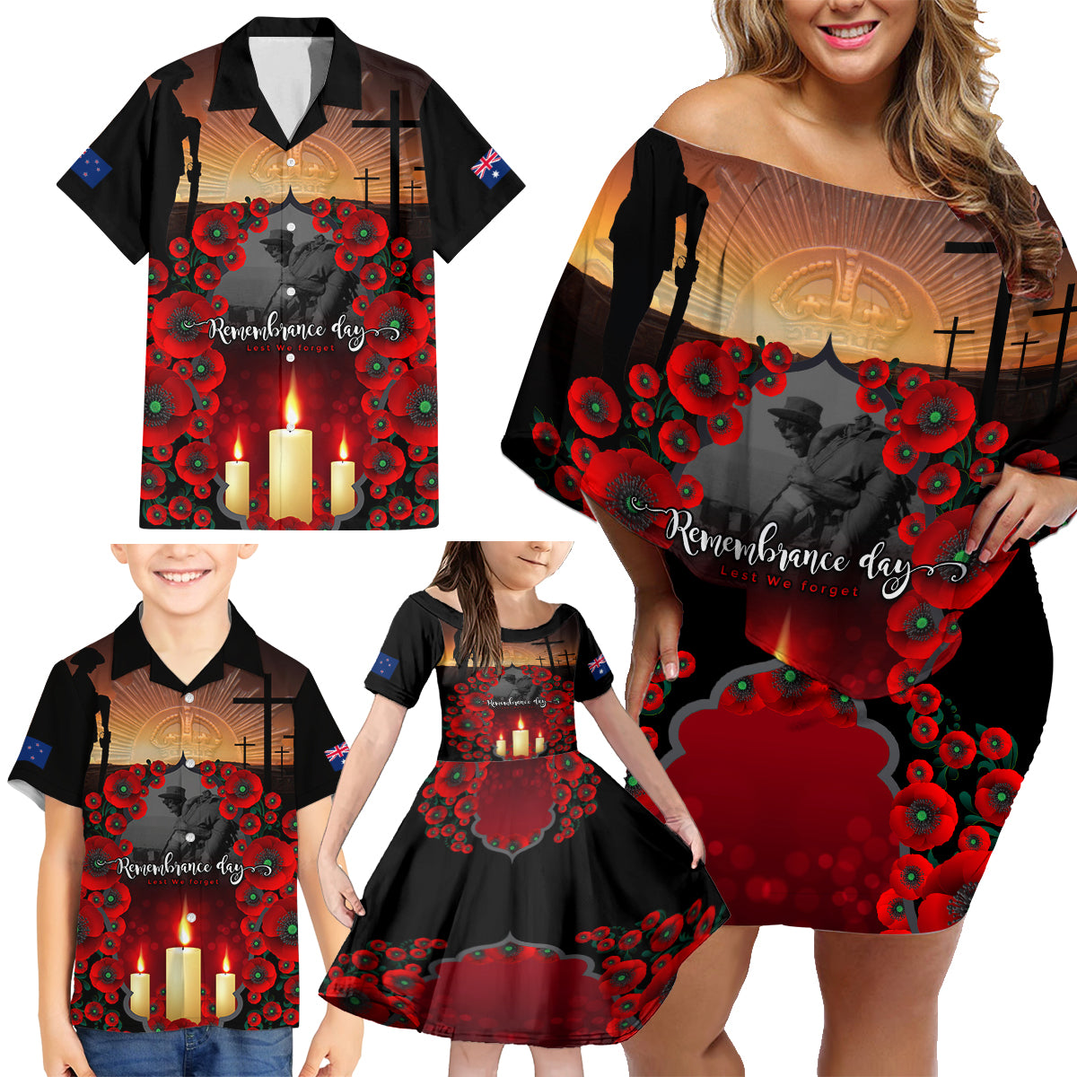 Custom New Zealand and Australia ANZAC Day Family Matching Off Shoulder Short Dress and Hawaiian Shirt Gallipoli and Canlelight Lest We Forget LT03 - Polynesian Pride