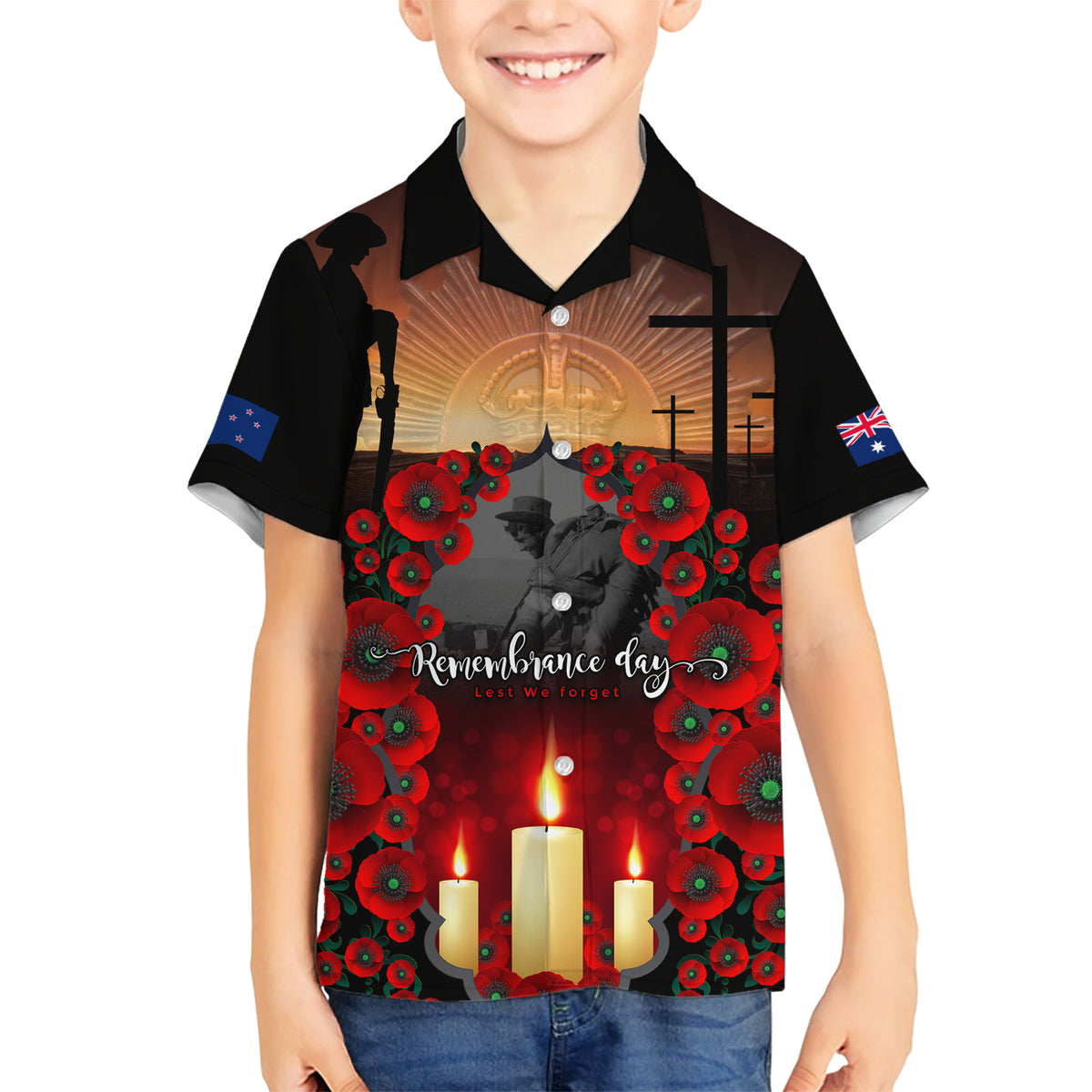 Custom New Zealand and Australia ANZAC Day Family Matching Short Sleeve Bodycon Dress and Hawaiian Shirt Gallipoli and Canlelight Lest We Forget LT03 Son's Shirt Black - Polynesian Pride
