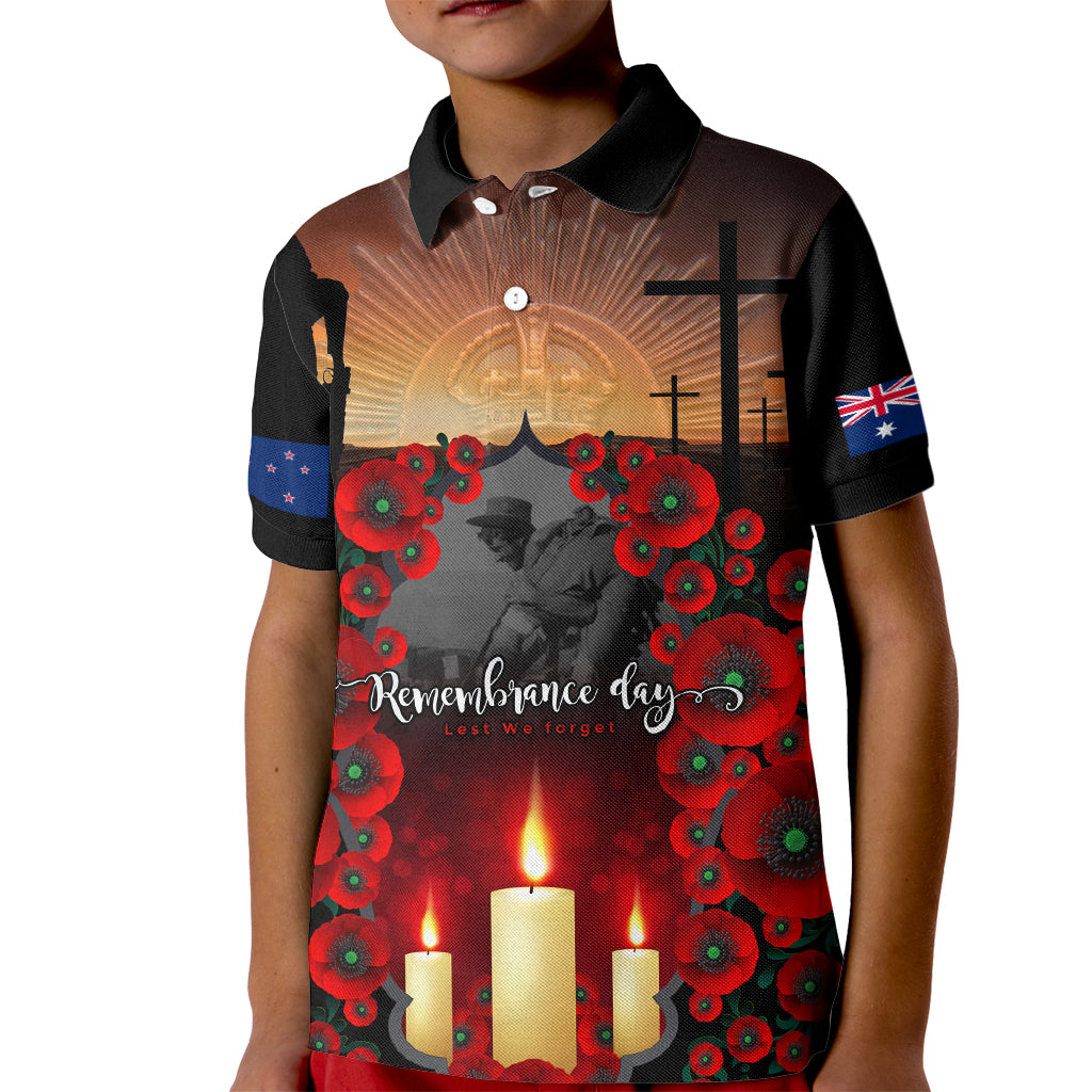 Custom New Zealand and Australia ANZAC Day Kid Polo Shirt Gallipoli and Canlelight Lest We Forget LT03 Kid Black - Polynesian Pride