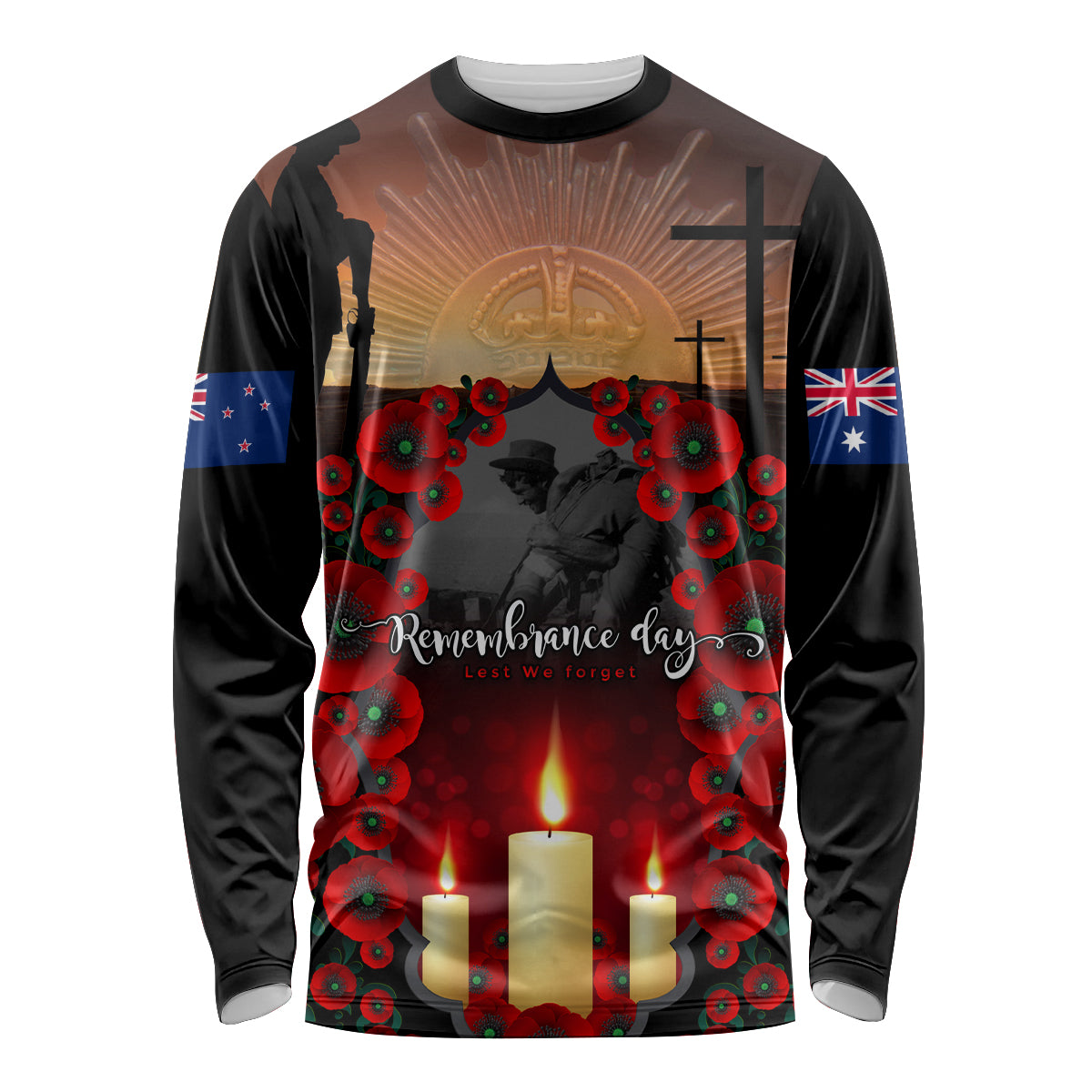 Custom New Zealand and Australia ANZAC Day Long Sleeve Shirt Gallipoli and Canlelight Lest We Forget LT03 Unisex Black - Polynesian Pride