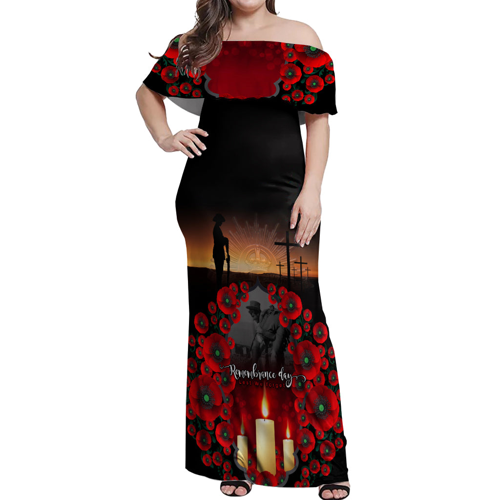 Custom New Zealand and Australia ANZAC Day Off Shoulder Maxi Dress Gallipoli and Canlelight Lest We Forget LT03 Women Black - Polynesian Pride