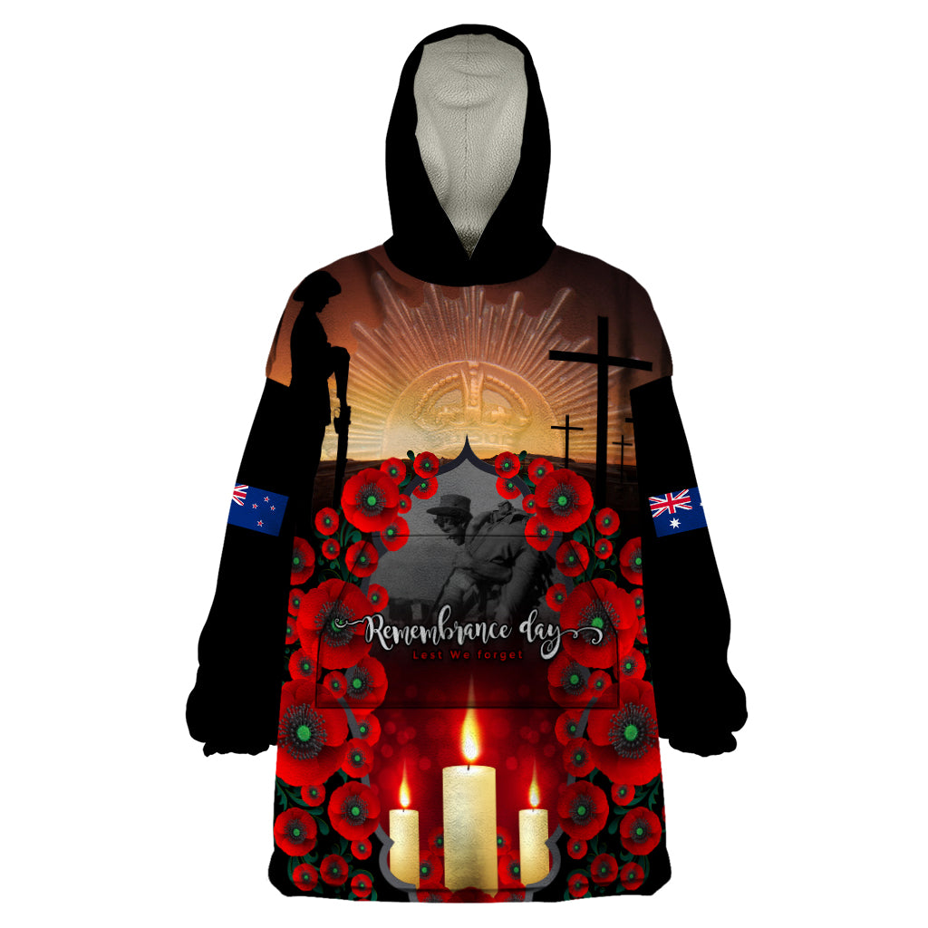 Custom New Zealand and Australia ANZAC Day Wearable Blanket Hoodie Gallipoli and Canlelight Lest We Forget LT03 One Size Black - Polynesian Pride