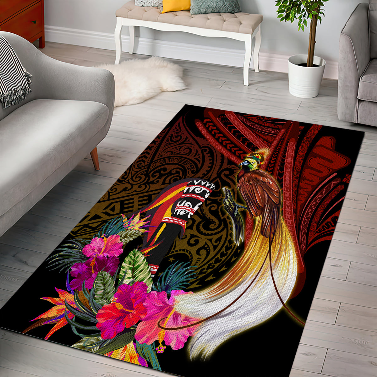 Papua New Guinea Bird-of-Paradise Area Rug Hibiscus and Kundu Drum Tribal Pattern