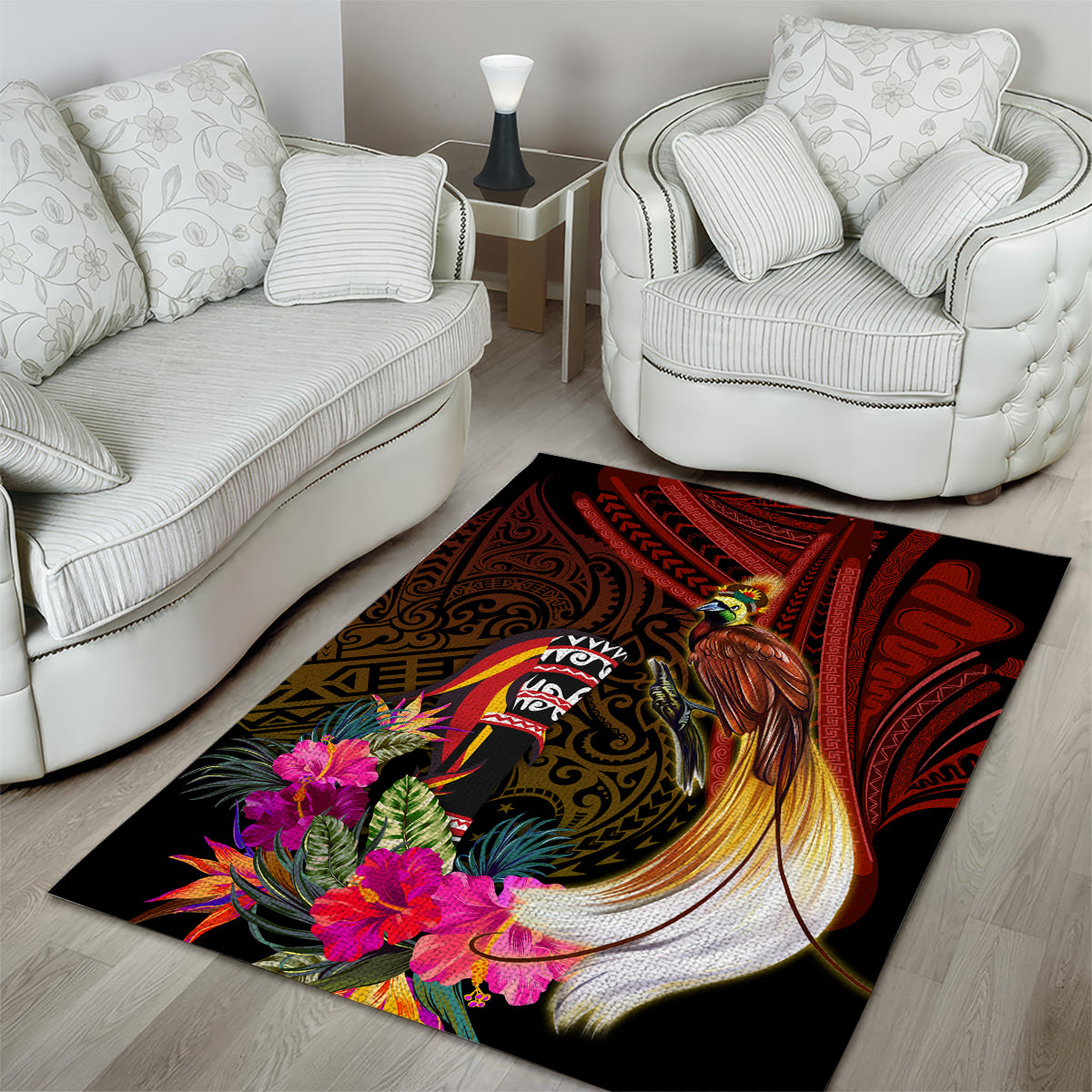 Papua New Guinea Bird-of-Paradise Area Rug Hibiscus and Kundu Drum Tribal Pattern