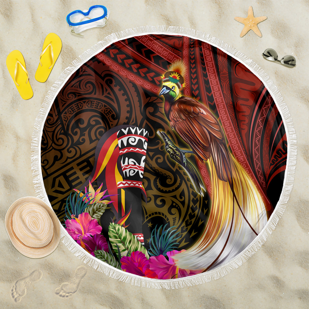 Papua New Guinea Bird-of-Paradise Beach Blanket Hibiscus and Kundu Drum Tribal Pattern LT03 One Size 150cm Yellow - Polynesian Pride