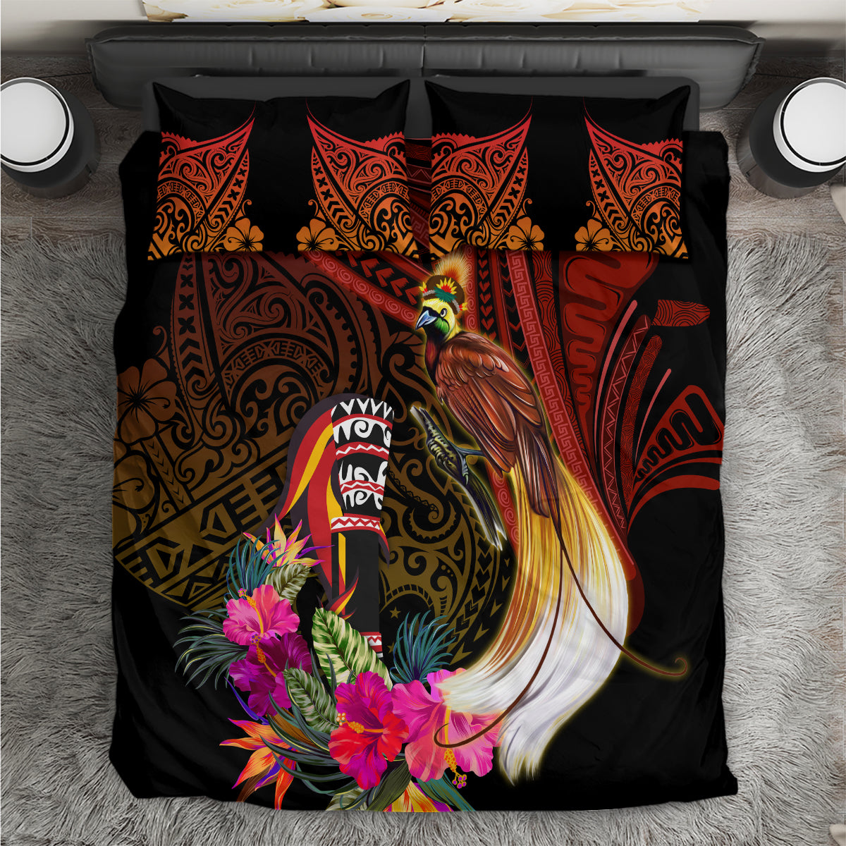 Papua New Guinea Bird-of-Paradise Bedding Set Hibiscus and Kundu Drum Tribal Pattern LT03 Yellow - Polynesian Pride