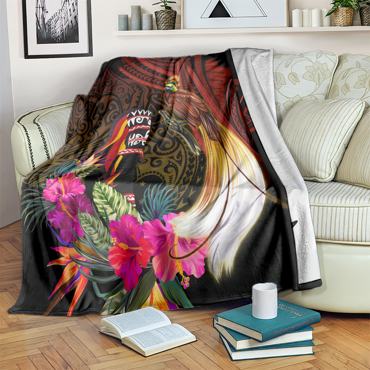 Papua New Guinea Bird-of-Paradise Blanket Hibiscus and Kundu Drum Tribal Pattern LT03 Yellow - Polynesian Pride