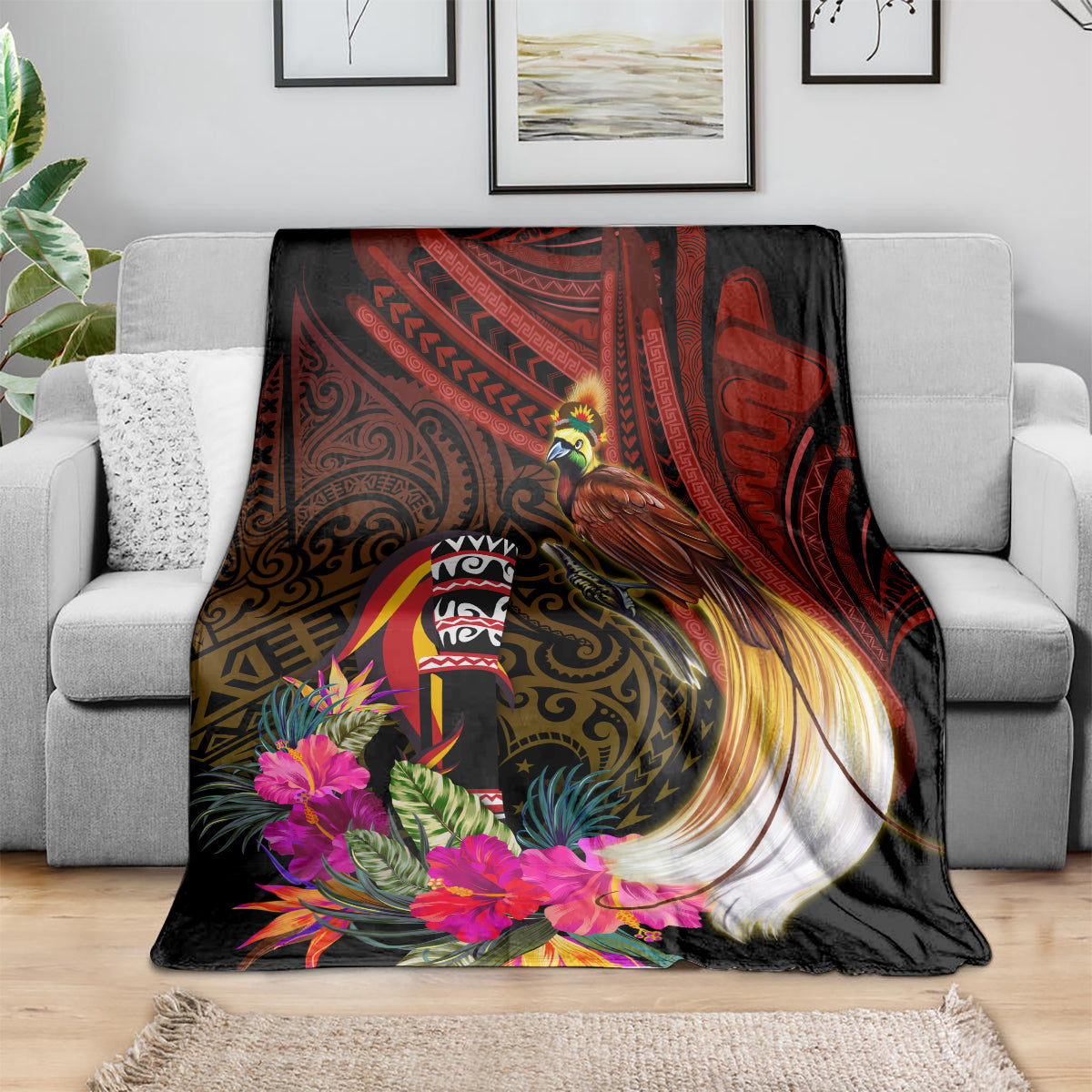 Papua New Guinea Bird-of-Paradise Blanket Hibiscus and Kundu Drum Tribal Pattern LT03 - Polynesian Pride