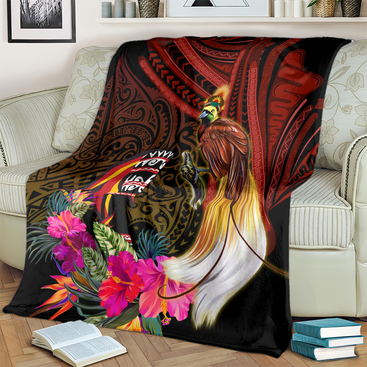 Papua New Guinea Bird-of-Paradise Blanket Hibiscus and Kundu Drum Tribal Pattern LT03 - Polynesian Pride