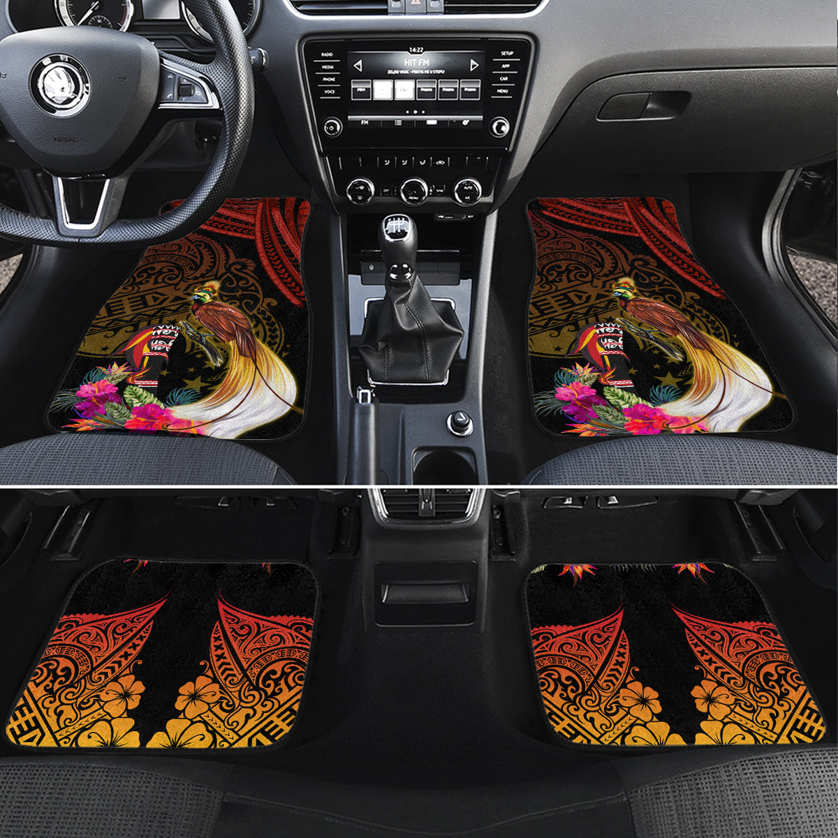 Papua New Guinea Bird-of-Paradise Car Mats Hibiscus and Kundu Drum Tribal Pattern LT03 Set 4pcs Yellow - Polynesian Pride