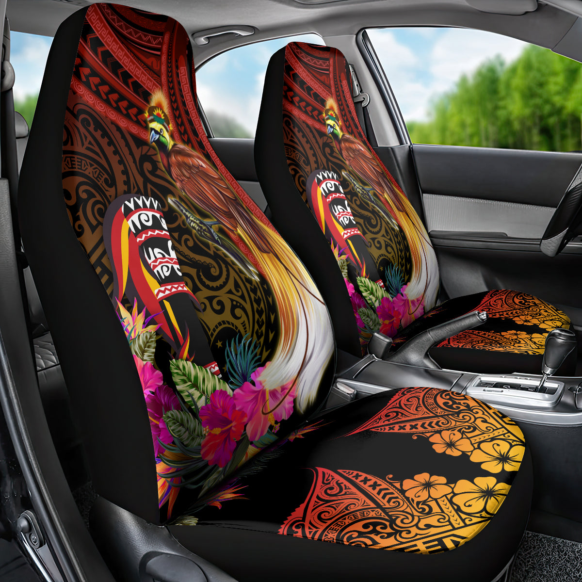 Papua New Guinea Bird-of-Paradise Car Seat Cover Hibiscus and Kundu Drum Tribal Pattern