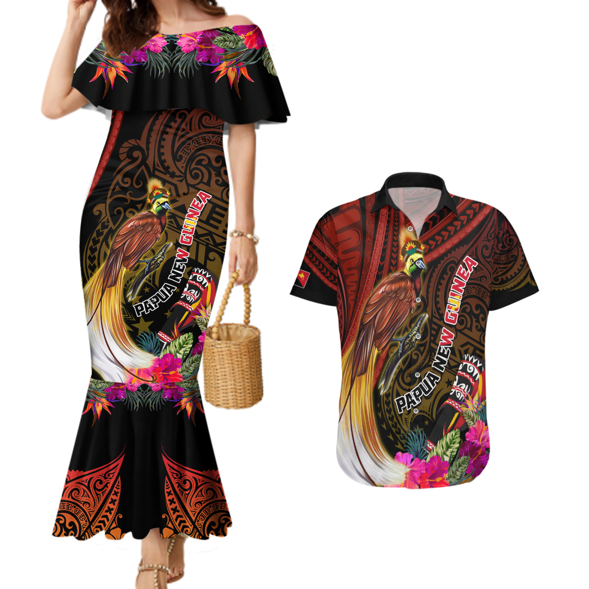 Papua New Guinea Bird-of-Paradise Couples Matching Mermaid Dress and Hawaiian Shirt Hibiscus and Kundu Drum Tribal Pattern LT03 Yellow - Polynesian Pride