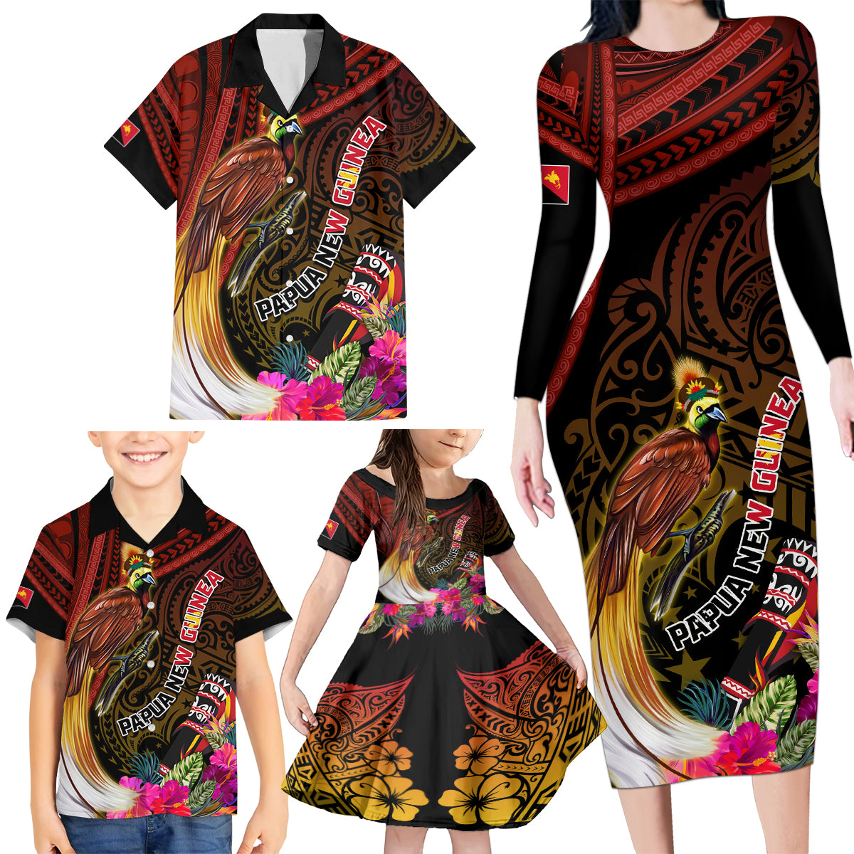 Papua New Guinea Bird-of-Paradise Family Matching Long Sleeve Bodycon Dress and Hawaiian Shirt Hibiscus and Kundu Drum Tribal Pattern LT03 - Polynesian Pride