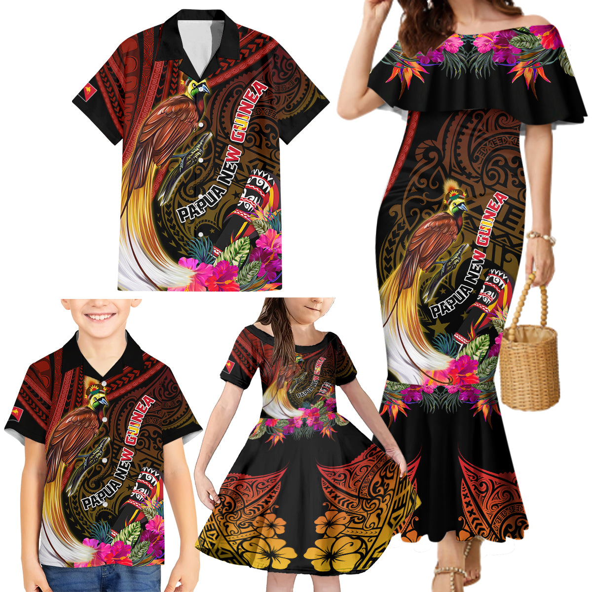 Papua New Guinea Bird-of-Paradise Family Matching Mermaid Dress and Hawaiian Shirt Hibiscus and Kundu Drum Tribal Pattern LT03 - Polynesian Pride