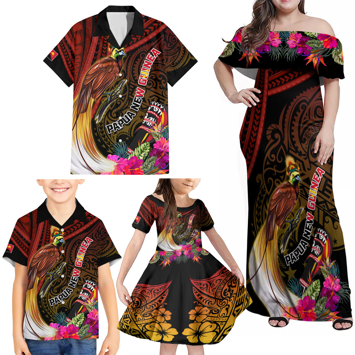 Papua New Guinea Bird-of-Paradise Family Matching Off Shoulder Maxi Dress and Hawaiian Shirt Hibiscus and Kundu Drum Tribal Pattern LT03 - Polynesian Pride