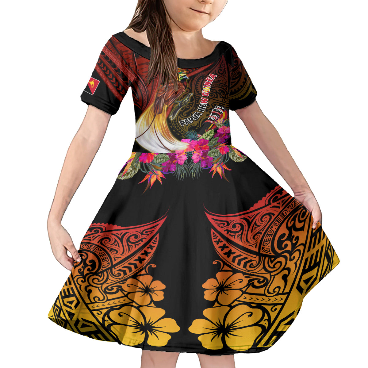 Papua New Guinea Bird-of-Paradise Family Matching Puletasi and Hawaiian Shirt Hibiscus and Kundu Drum Tribal Pattern LT03 Daughter's Dress Yellow - Polynesian Pride