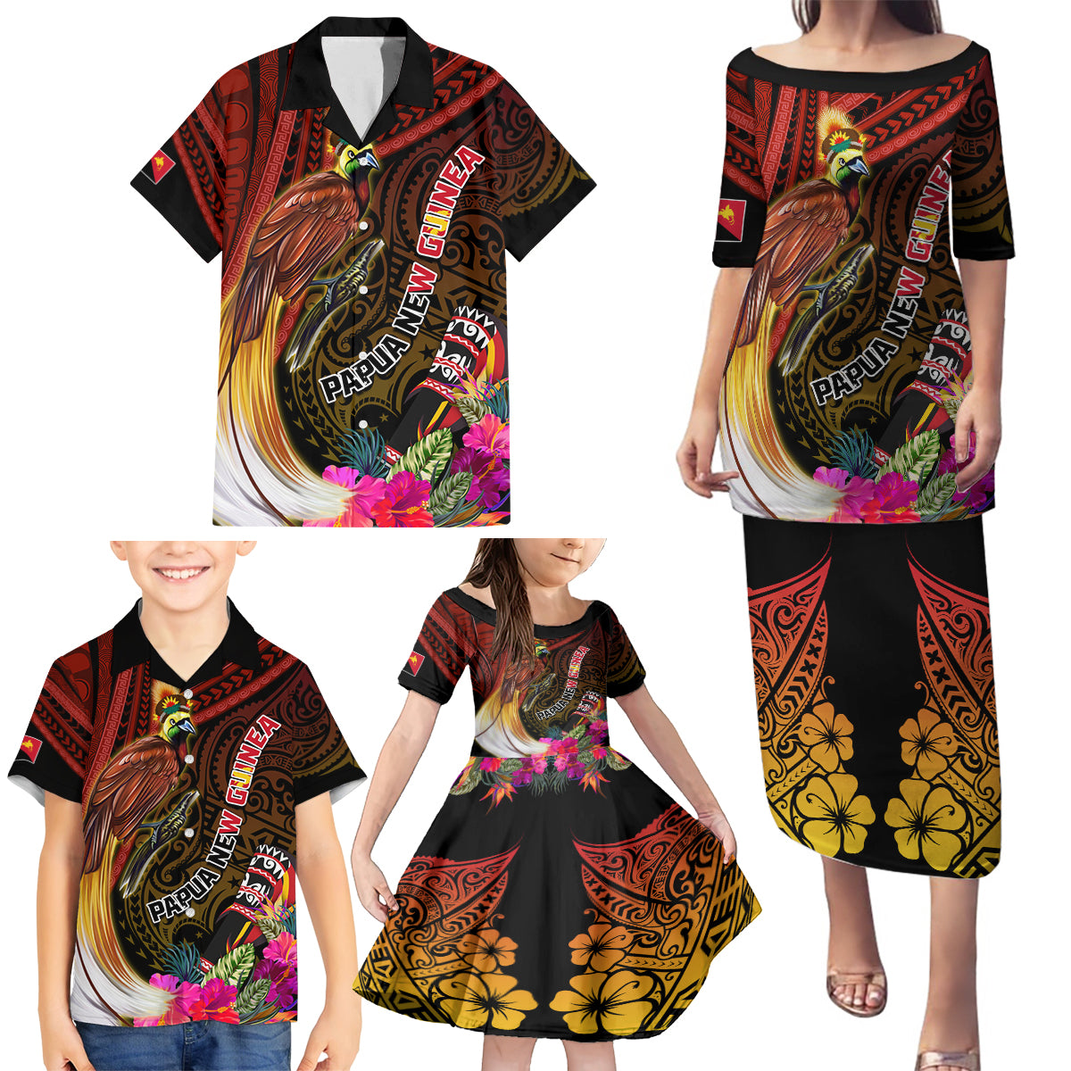 Papua New Guinea Bird-of-Paradise Family Matching Puletasi and Hawaiian Shirt Hibiscus and Kundu Drum Tribal Pattern LT03 - Polynesian Pride