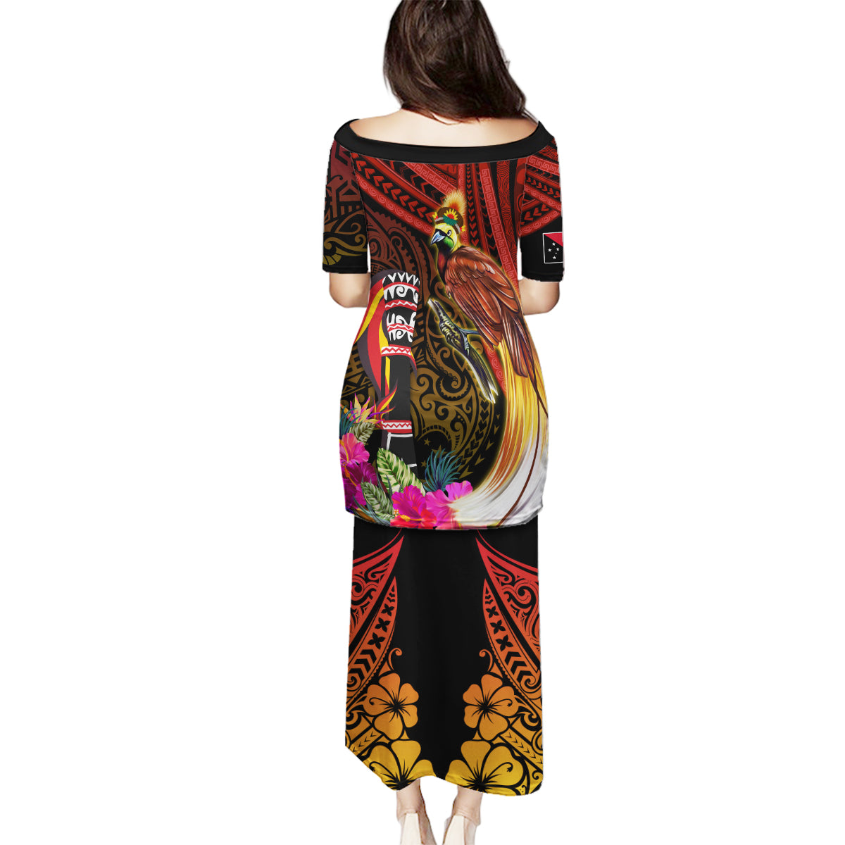 Papua New Guinea Bird-of-Paradise Family Matching Puletasi and Hawaiian Shirt Hibiscus and Kundu Drum Tribal Pattern LT03 - Polynesian Pride