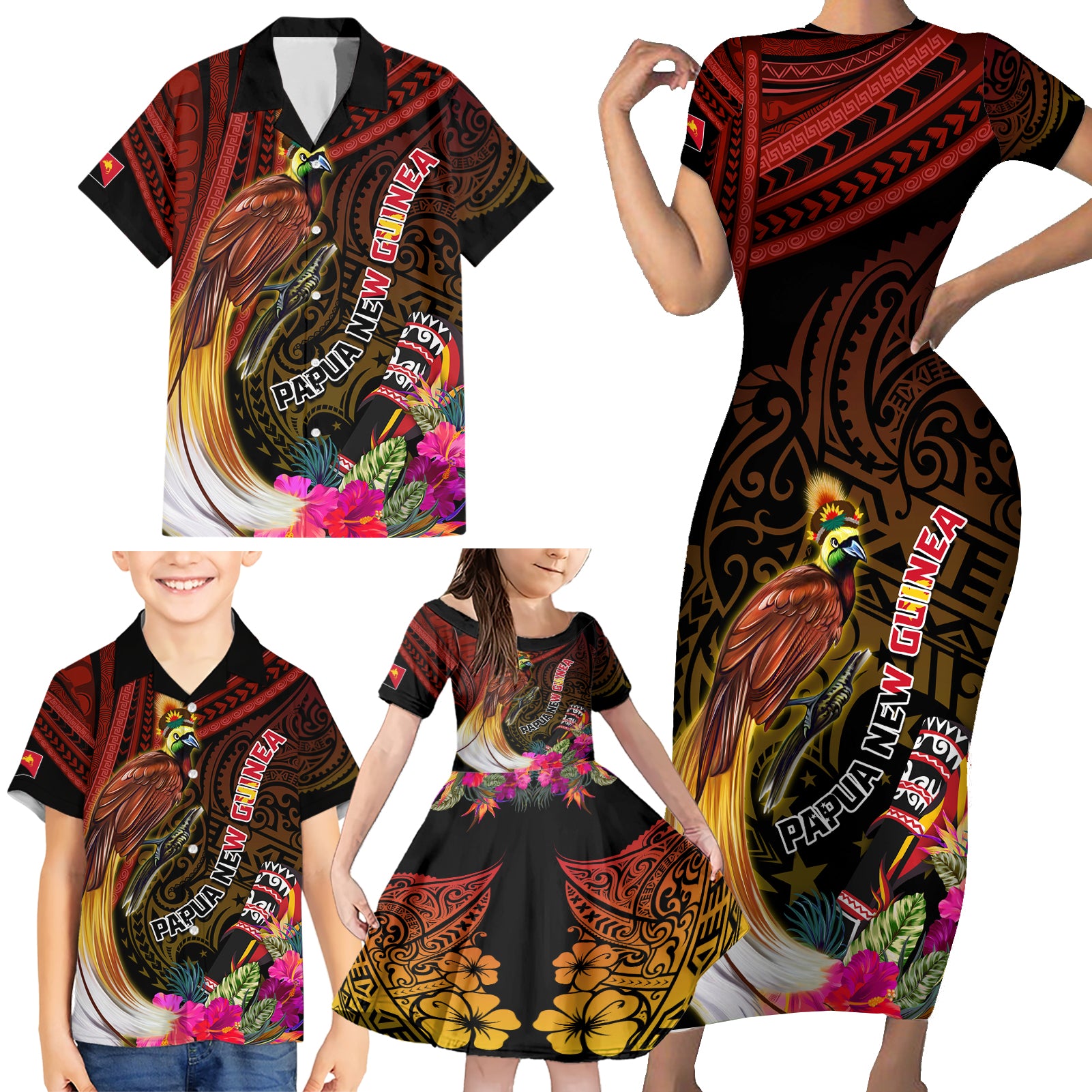 Papua New Guinea Bird-of-Paradise Family Matching Short Sleeve Bodycon Dress and Hawaiian Shirt Hibiscus and Kundu Drum Tribal Pattern LT03 - Polynesian Pride