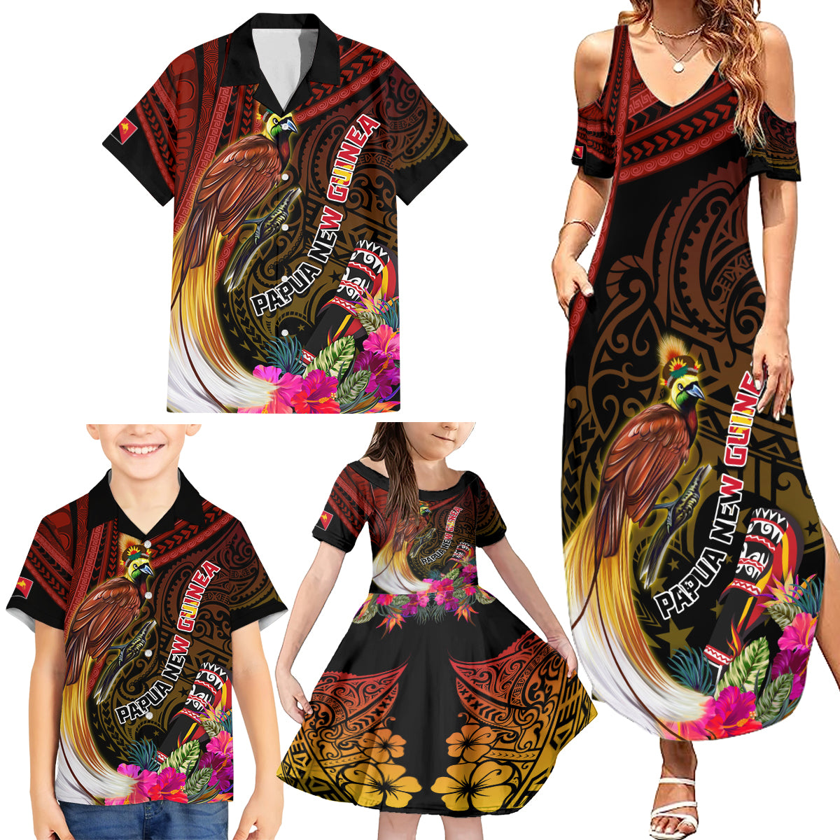 Papua New Guinea Bird-of-Paradise Family Matching Summer Maxi Dress and Hawaiian Shirt Hibiscus and Kundu Drum Tribal Pattern LT03 - Polynesian Pride