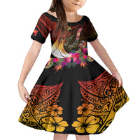 Papua New Guinea Bird-of-Paradise Kid Short Sleeve Dress Hibiscus and Kundu Drum Tribal Pattern LT03 KID Yellow - Polynesian Pride