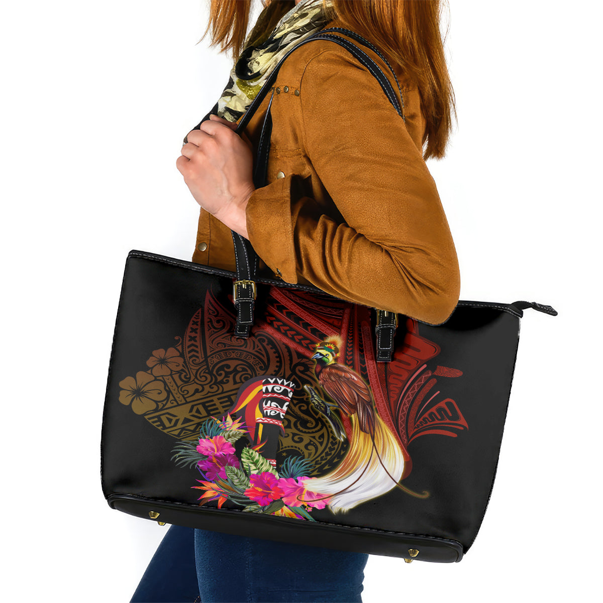 Papua New Guinea Bird-of-Paradise Leather Tote Bag Hibiscus and Kundu Drum Tribal Pattern LT03 Yellow - Polynesian Pride