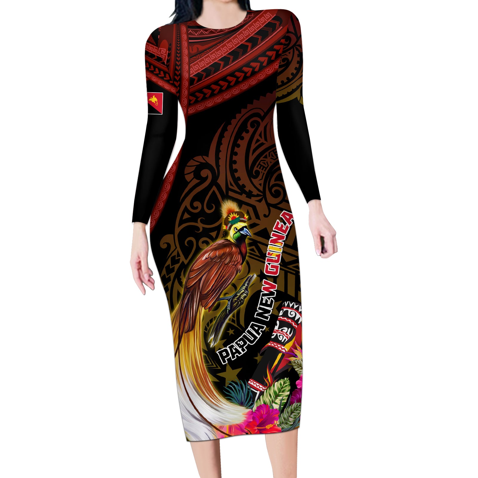 Papua New Guinea Bird-of-Paradise Long Sleeve Bodycon Dress Hibiscus and Kundu Drum Tribal Pattern LT03 Long Dress Yellow - Polynesian Pride