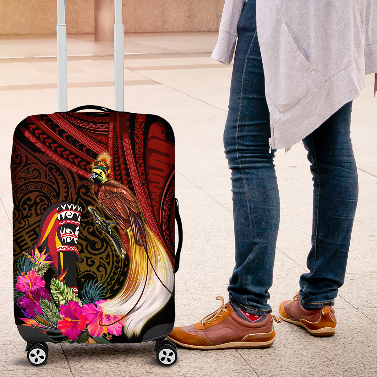 Papua New Guinea Bird-of-Paradise Luggage Cover Hibiscus and Kundu Drum Tribal Pattern