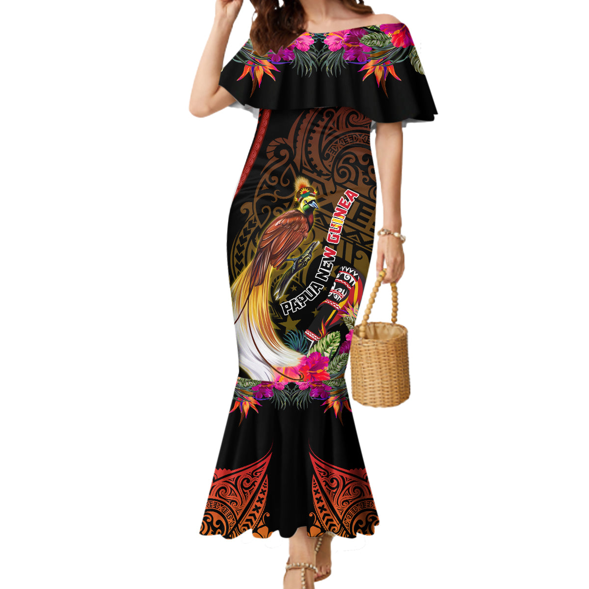 Papua New Guinea Bird-of-Paradise Mermaid Dress Hibiscus and Kundu Drum Tribal Pattern LT03 Women Yellow - Polynesian Pride