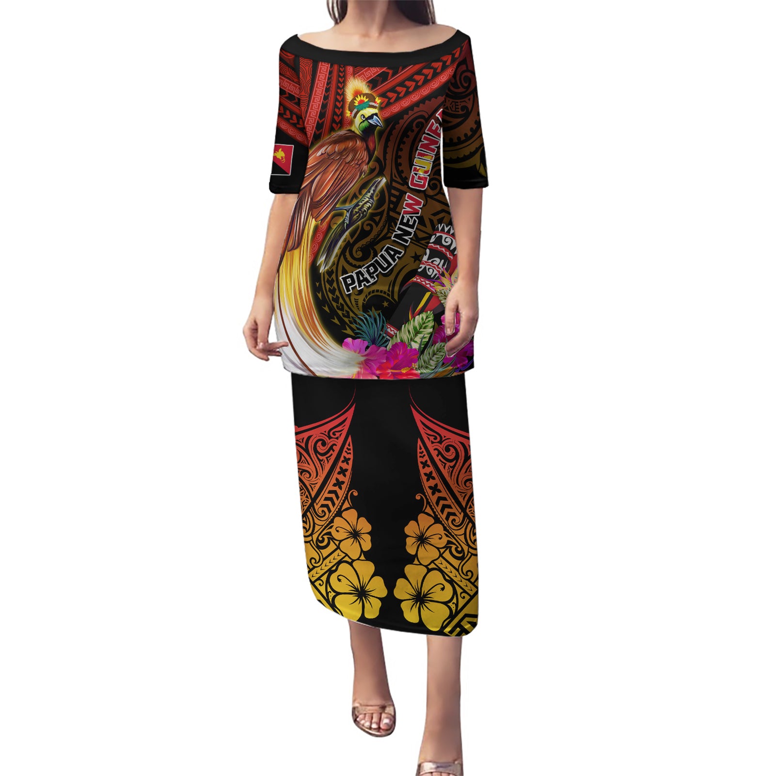 Papua New Guinea Bird-of-Paradise Puletasi Hibiscus and Kundu Drum Tribal Pattern LT03 Long Dress Yellow - Polynesian Pride