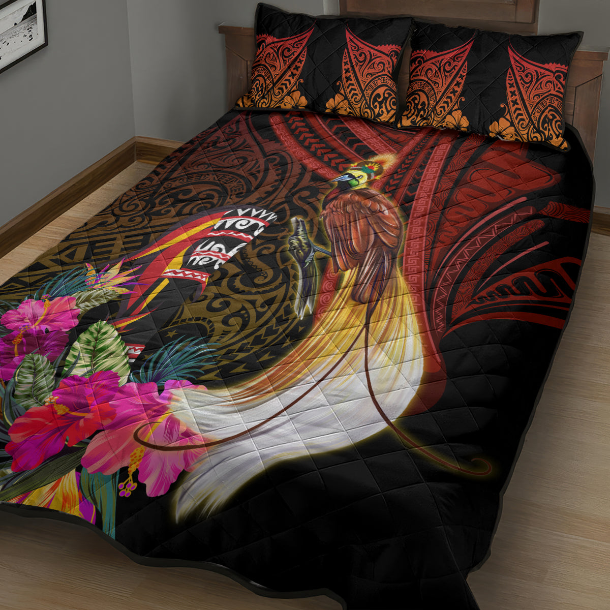 Papua New Guinea Bird-of-Paradise Quilt Bed Set Hibiscus and Kundu Drum Tribal Pattern LT03 - Polynesian Pride