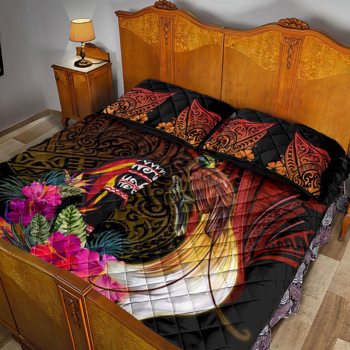 Papua New Guinea Bird-of-Paradise Quilt Bed Set Hibiscus and Kundu Drum Tribal Pattern LT03 - Polynesian Pride