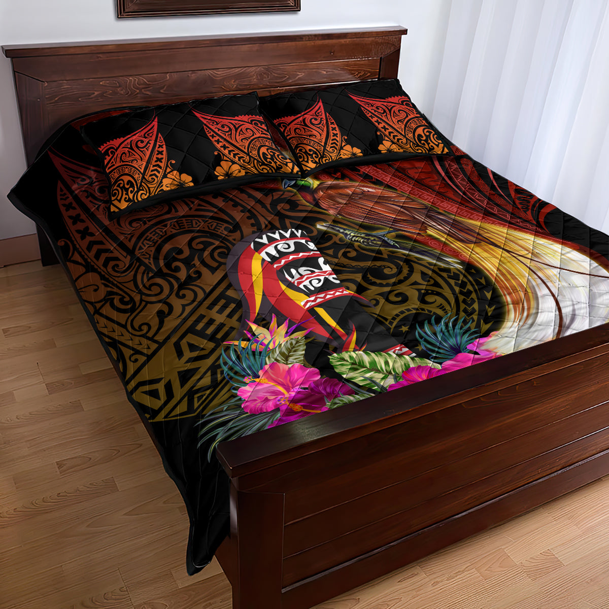 Papua New Guinea Bird-of-Paradise Quilt Bed Set Hibiscus and Kundu Drum Tribal Pattern LT03 - Polynesian Pride