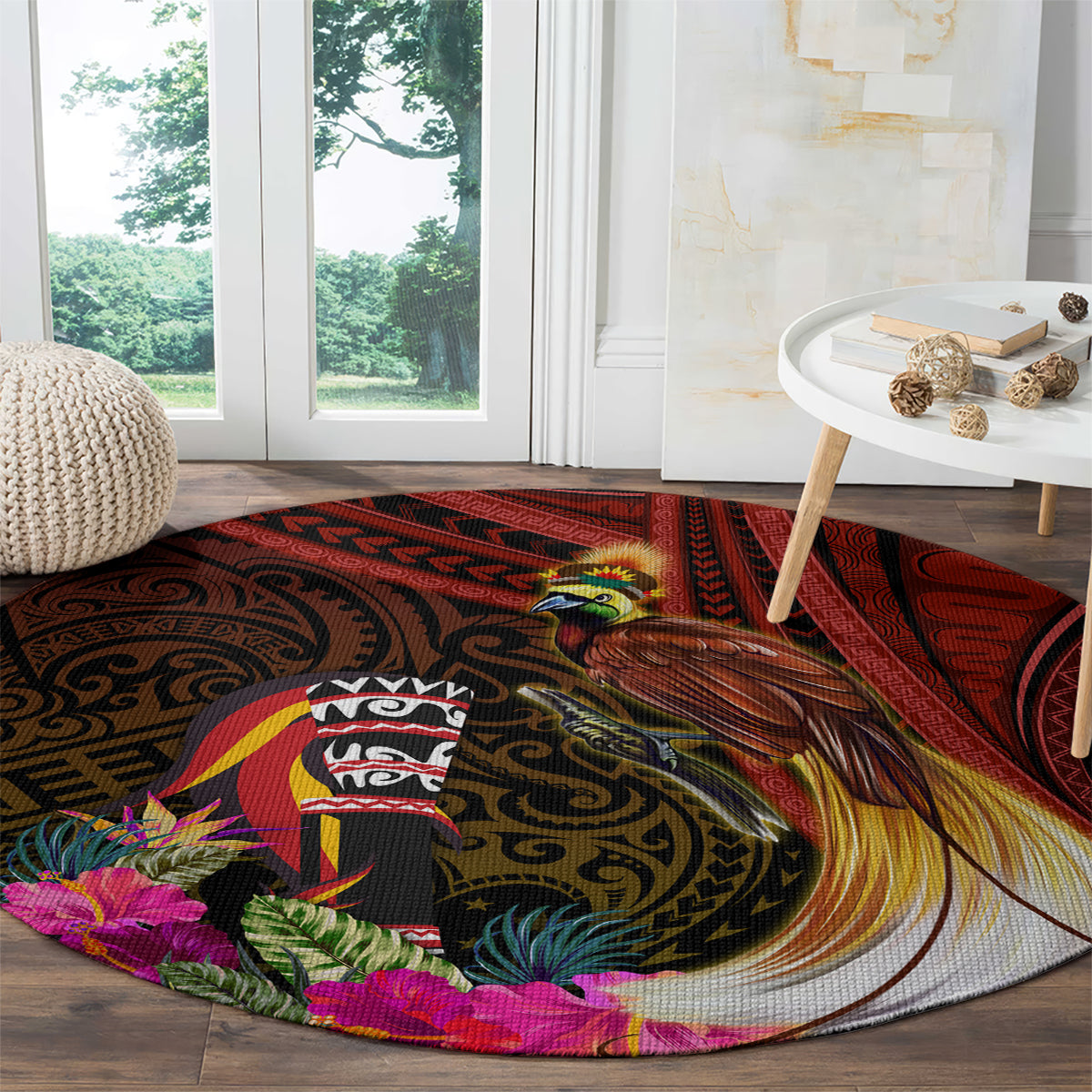 Papua New Guinea Bird-of-Paradise Round Carpet Hibiscus and Kundu Drum Tribal Pattern