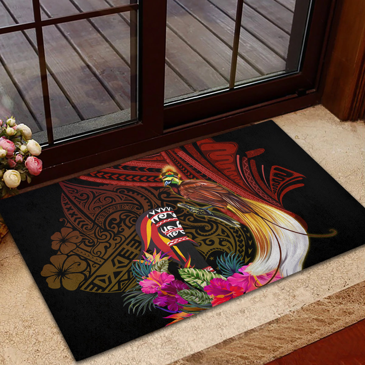 Papua New Guinea Bird-of-Paradise Rubber Doormat Hibiscus and Kundu Drum Tribal Pattern LT03 - Polynesian Pride