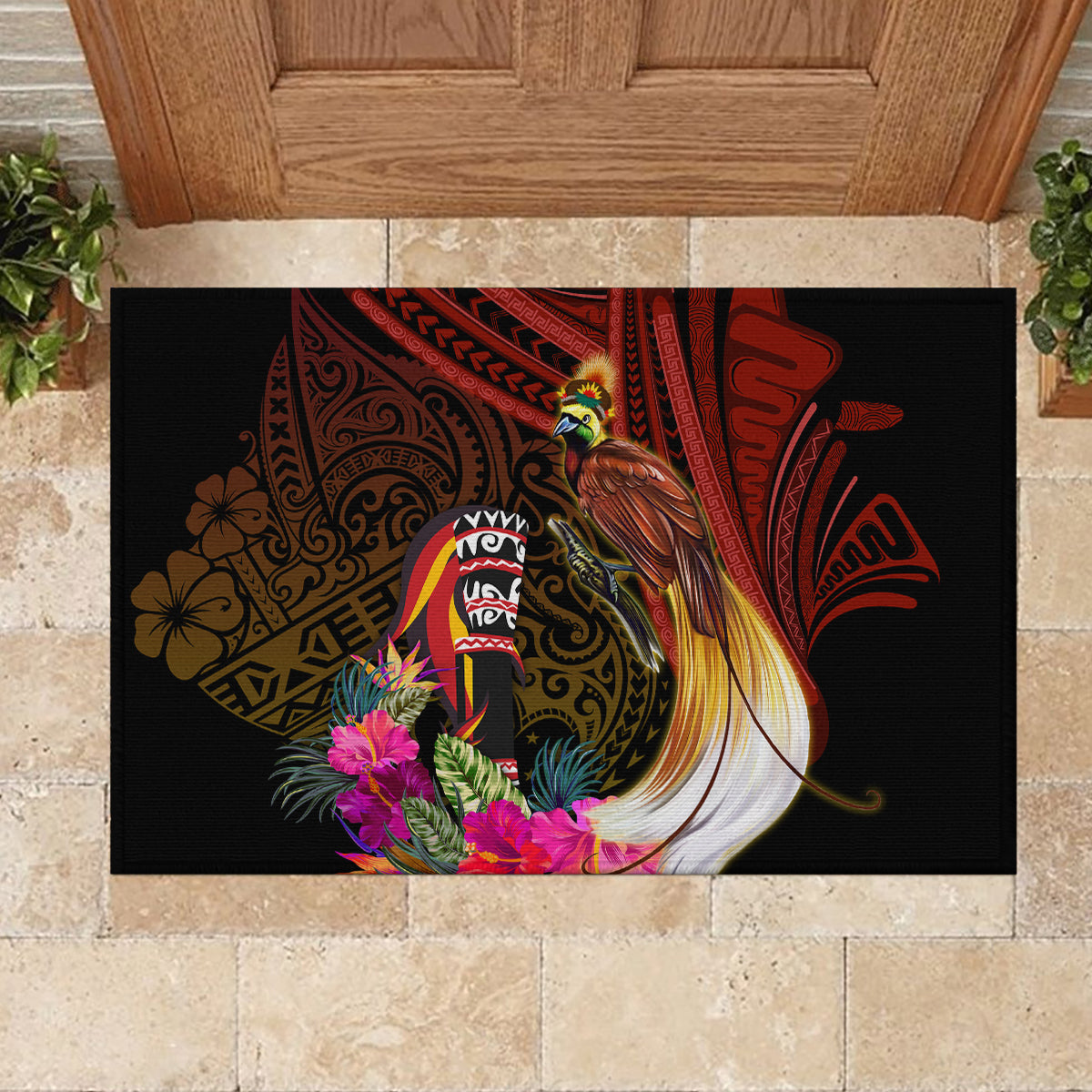 Papua New Guinea Bird-of-Paradise Rubber Doormat Hibiscus and Kundu Drum Tribal Pattern LT03 - Polynesian Pride