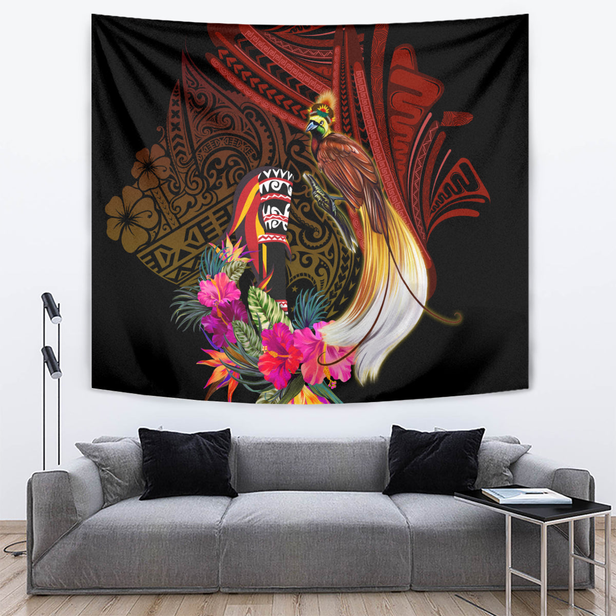 Papua New Guinea Bird-of-Paradise Tapestry Hibiscus and Kundu Drum Tribal Pattern LT03 Yellow - Polynesian Pride